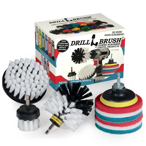 The Soft White Drillbrush 42O Home & Auto Brush Kit with six Variety 4 inch Scrubbing Pads in front of it's packaging.