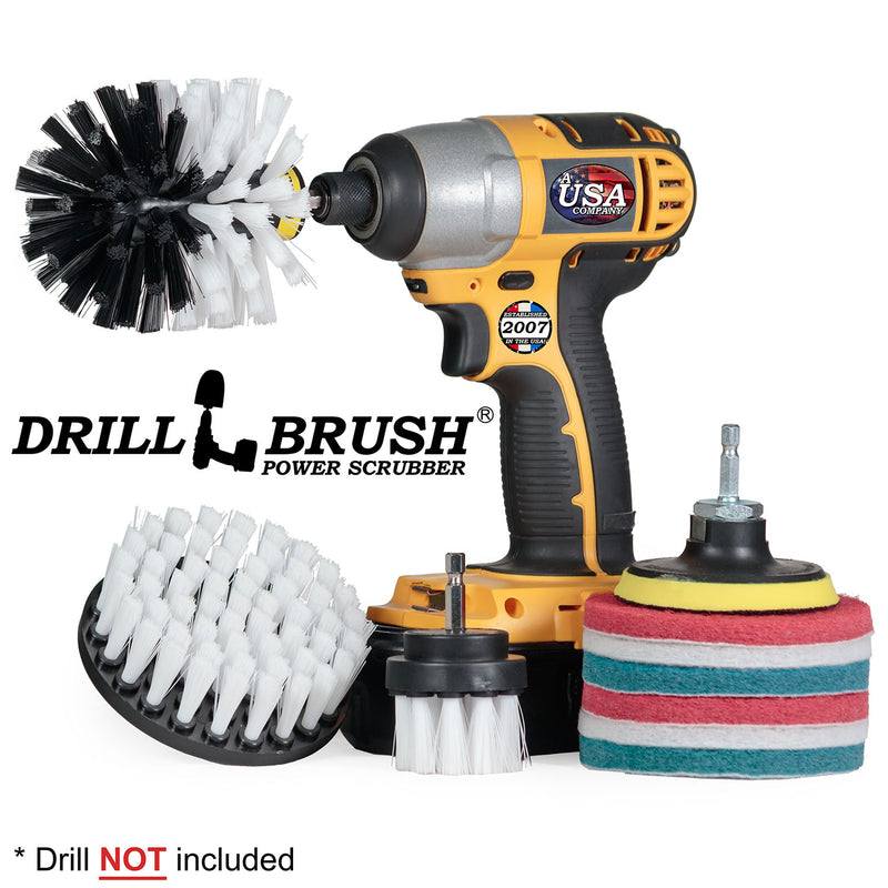 The Soft White 42O Home & Auto Brush Kit with two Very Soft, two Moderate, and two Stiff 4 inch Pads and a 3 inch backer. The Original brush is in a cordless drill.