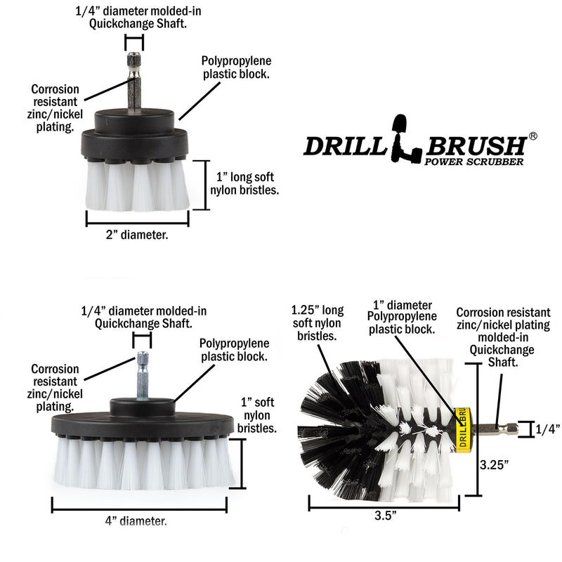 Specs for the Soft White Original, 4 inch, and 2 inch Short drill brushes.
