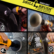 Actions shots of a Soft White Original drill brush cleaning rims, a Soft White 4 inch drill brush cleaning a window, a Soft White 2 inch Short drill brush cleaning a tire, and a Very Soft white scrubbing pad cleaning a mirror.