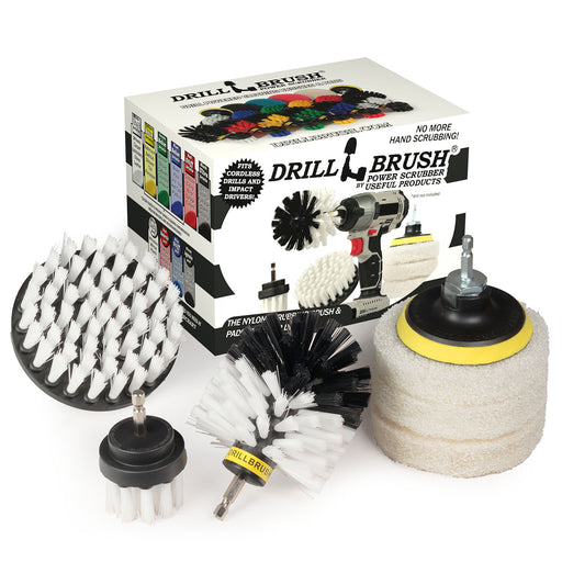 The Soft White Drillbrush 42O Home & Auto Brush Kit with three Very Soft White 4 inch Scrubbing Pads in front of it's packaging.