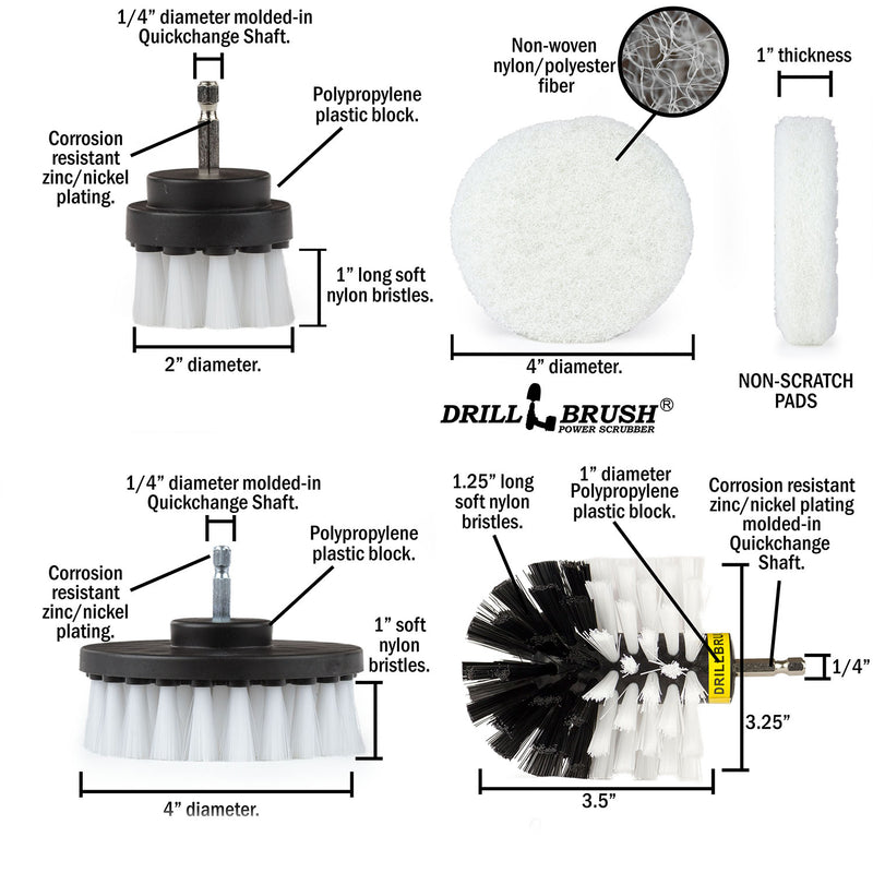 Specs for the Soft White Original, 4 inch, and 2 inch Short drill brushes, as well as the Very Soft White 4 inch pad.