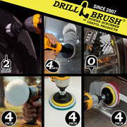 Actions shots of a Soft White Original drill brush cleaning rims, a Soft White 4 inch drill brush cleaning a window, a Soft White 2 inch Short drill brush cleaning a tire, a Very Soft white scrubbing pad cleaning a window, a Moderate Blue scrubbing pad cleaning a tub, and a Stiff Red scrubbing pad cleaning a sink.