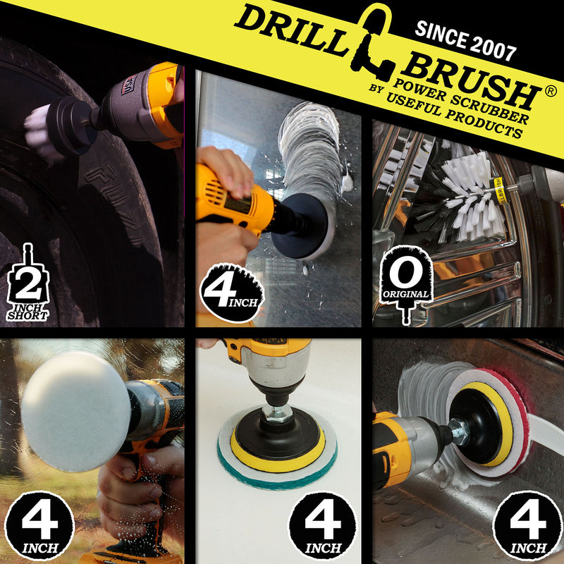 Actions shots of a Soft White Original drill brush cleaning rims, a Soft White 4 inch drill brush cleaning a window, a Soft White 2 inch Short drill brush cleaning a tire, a Very Soft white scrubbing pad cleaning a window, a Moderate Blue scrubbing pad cleaning a tub, and a Stiff Red scrubbing pad cleaning a sink.