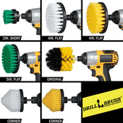 Depictions of Soft White 4 inch and Cone-shaped brushes, Medium Yellow 4 inch, Cone-shaped, and Original brushes, and Medium Green 2 inch Short and 5 inch brushes in cordless drills.