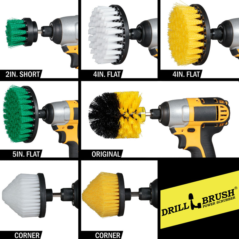 Depictions of Soft White 4 inch and Cone-shaped brushes, Medium Yellow 4 inch, Cone-shaped, and Original brushes, and Medium Green 2 inch Short and 5 inch brushes in cordless drills.