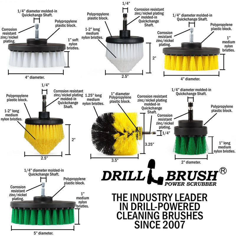 Spec images for the 7-piece Drillbrush Variety kit featuring Soft White 4 inch and Cone-shaped brushes, Medium Yellow 4 inch, Cone-shaped, and Original brushes, and Medium Green 2 inch Short and 5 inch brushes.