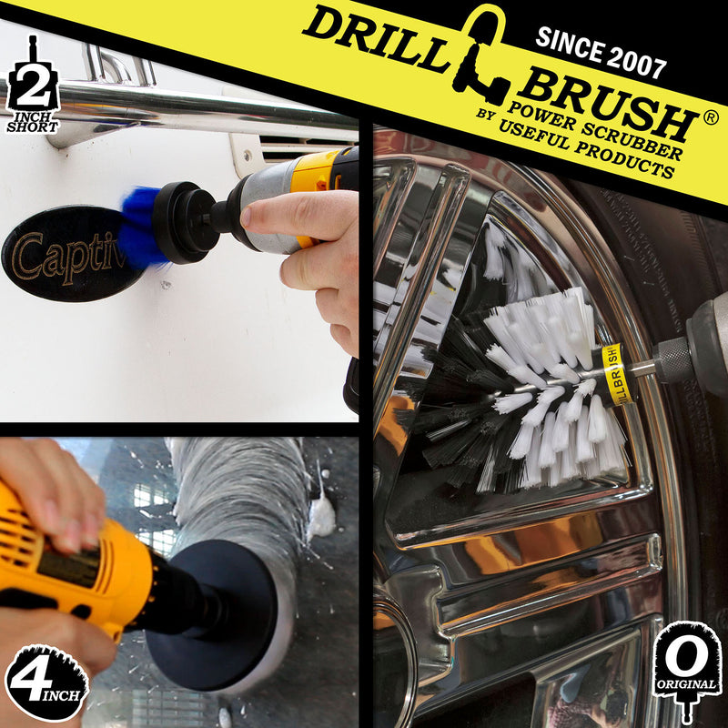 Action shots of a Soft White Original brush cleaning rims, a Medium Blue 2 inch Short Drillbrush cleaning a boat's stern, and a Soft White 4 inch Drillbrush cleaning a window.
