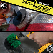 A Drillbrush Soft White 4 inch brush cleaning a taillight on a car and a Medium Green Original brush scrubbing a sink drain.
