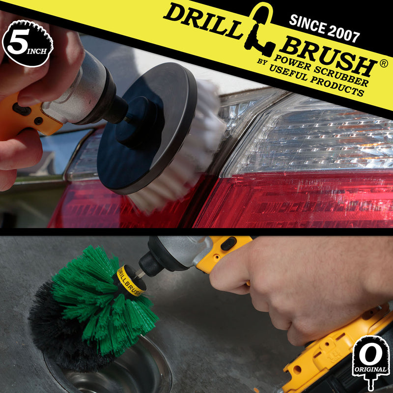 A Drillbrush Soft White 4 inch brush cleaning a taillight on a car and a Medium Green Original brush scrubbing a sink drain.