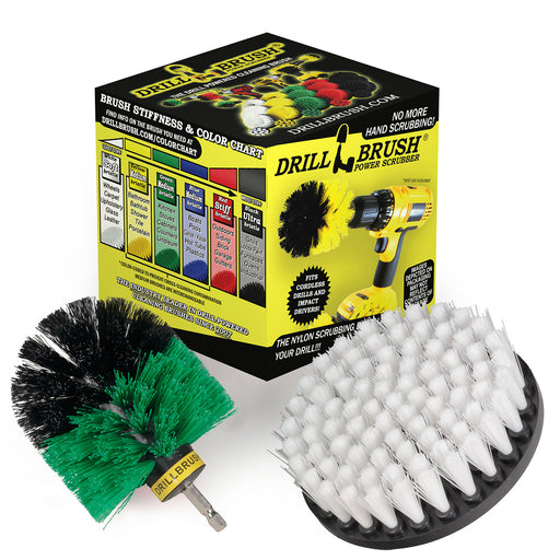 Drillbrush Medium Green Original and Soft White 5 inch Variety Brush Kit in front oft he box it comes in.