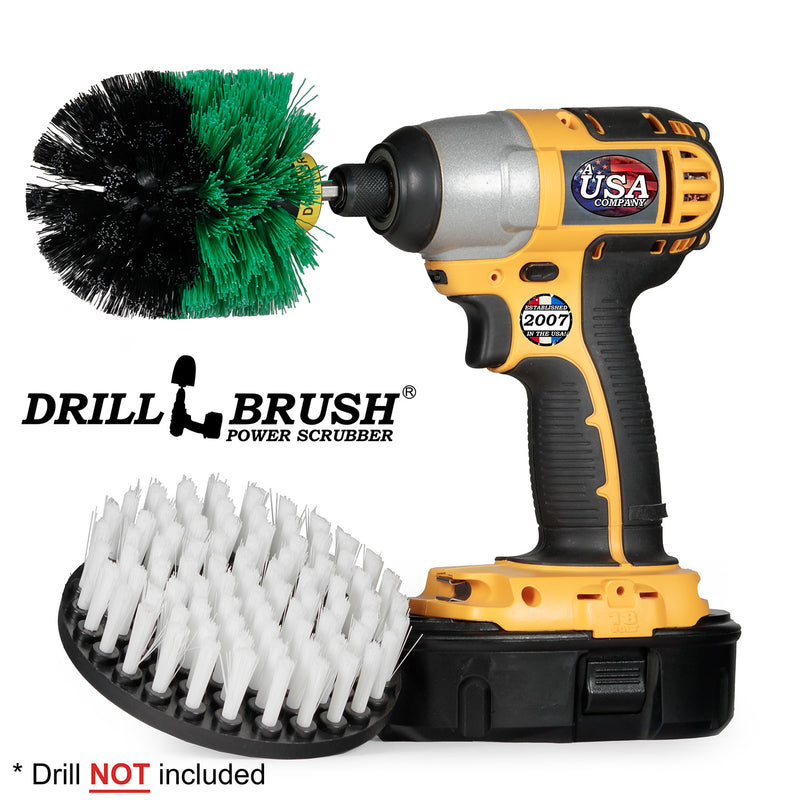 Drillbrush Medium Green Original and Soft White 5 inch Variety Brush Kit with an Original brush in a cordless drill.