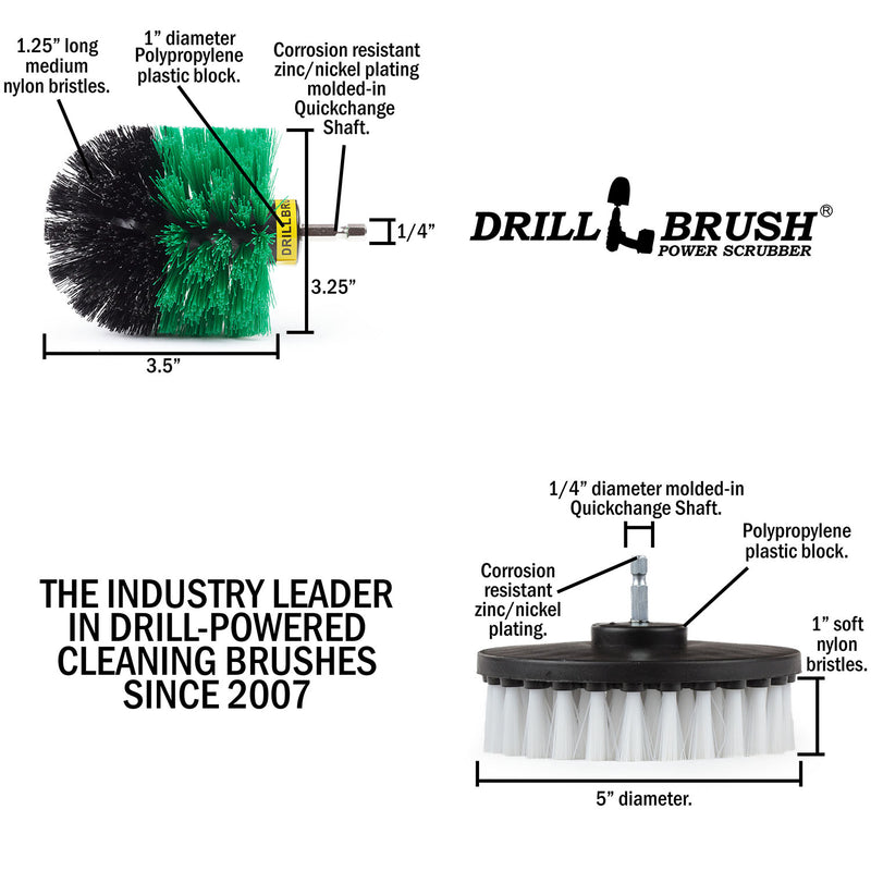 Specs for the Drillbrush Medium Green Original and Soft White 5 inch Variety Brush Kit.