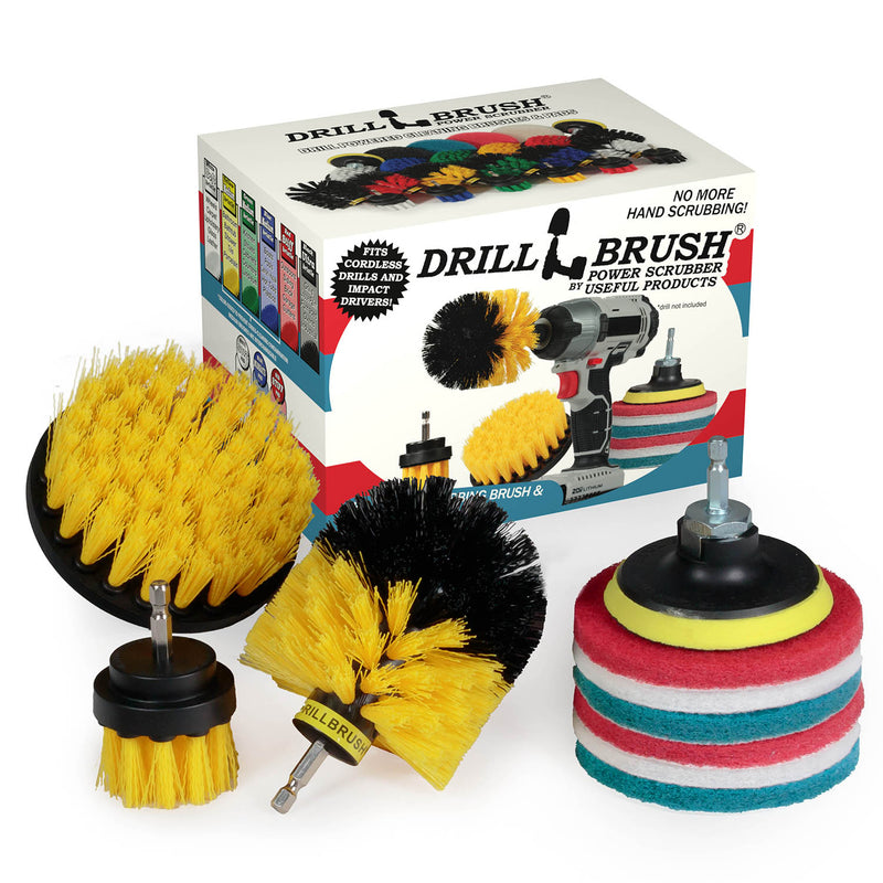 The Medium Yellow Drillbrush 42O Bathroom Brush Kit with six Variety 4 inch Scrubbing Pads in front of it's packaging.