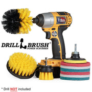 The Medium Yellow 42O Bathroom Brush Kit with two Very Soft, two Moderate, and two Stiff 4 inch Pads and a 3 inch backer. The Original brush is in a cordless drill.