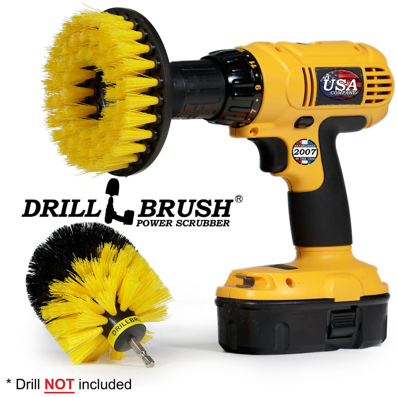 Drillbrush 5H-OS Medium Yellow Bathroom Brush Kit with a 5 inch Hex brush in a cordless drill.