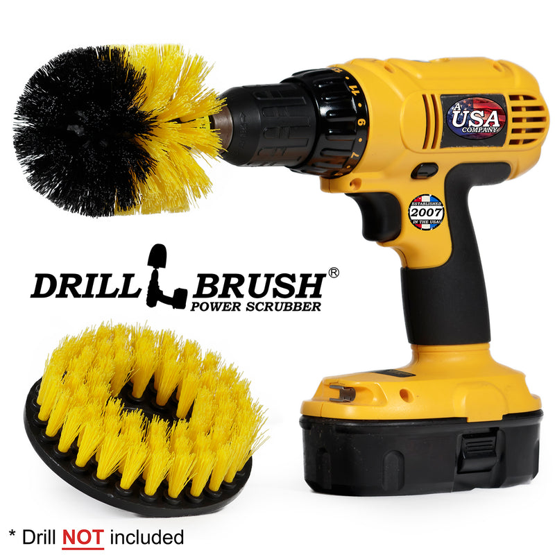 Drillbrush 5H-OS Medium Yellow Bathroom Brush Kit with an Original brush in a cordless drill.