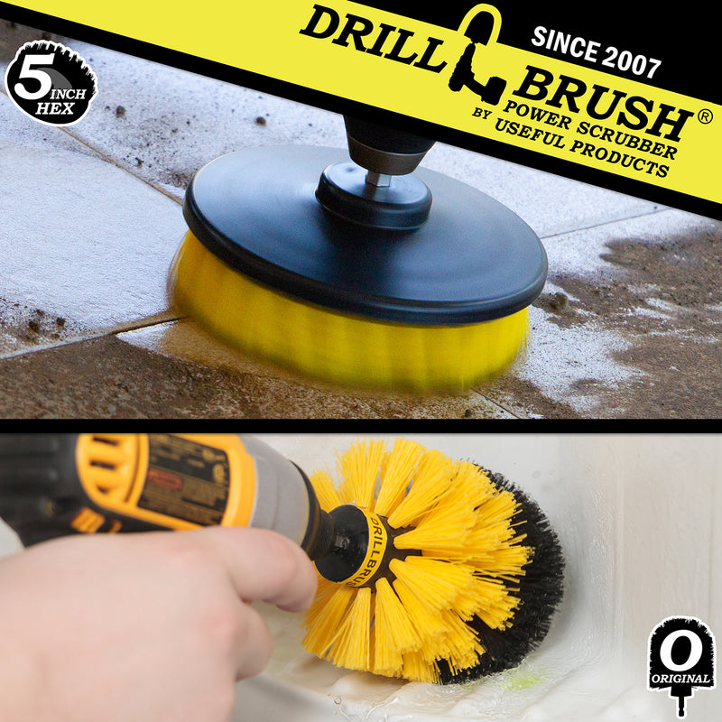Action shots of a Medium Yellow Original brush cleaning a shower shelf and a Medium Yellow 5 inch Hex Drillbrush cleaning dirt-covered tile.