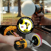 A soft white scrub pad attached to a drill scrubbing a window. A stiff red pad on a drill scrubbing a sink wall.