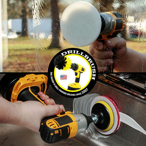 A soft white scrub pad attached to a drill scrubbing a window. A stiff red pad on a drill scrubbing a sink wall.