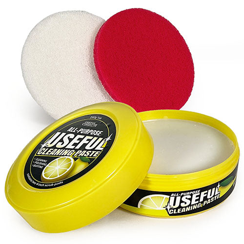 All-purpose Useful Cleaning Paste in a 260g tub in front of Soft White and Stiff Red 4 inch scrub pads.