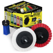 A Variety Drillbrush EES-1L kit featuring  a Soft White Edge brush, a Stiff Red Edge brush, and a Medium Blue 2 inch Long brush in front of their packaging.