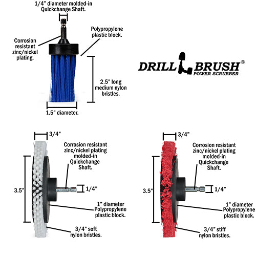 Edge x2 and 1 inch Long Variety Brushes - Soft, Medium, & Stiff Bristles - General Household Cleaning | WRES-B1L-QC-DB