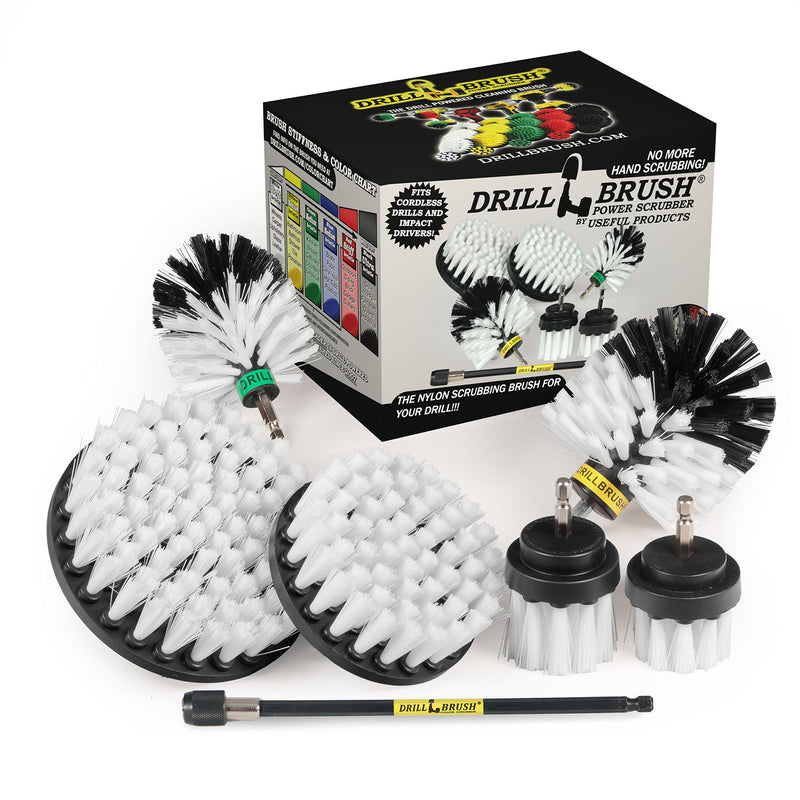 The Drillbrush 542OMS-2L-7X Soft White Home & Auto Brush Kit in front of the box it comes in.