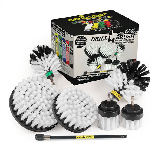 The Drillbrush 542OMS-2L-7X Soft White Home & Auto Brush Kit in front of the box it comes in.