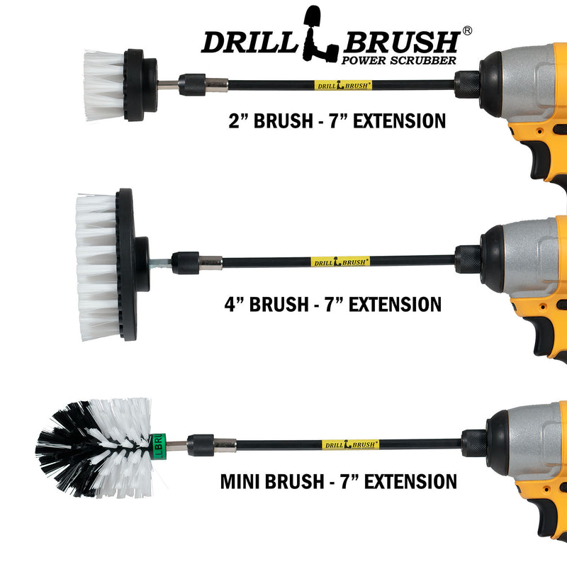 Images of the Drillbrush 2 inch Short, 4 inch, and Mini Soft White Home & Auto Brushes in 7 inch extensions in cordless drills.
