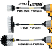 Images of the Drillbrush 2 inch Long, 5 inch, and Original Soft White Home & Auto Brushes in 7 inch extensions in cordless drills.