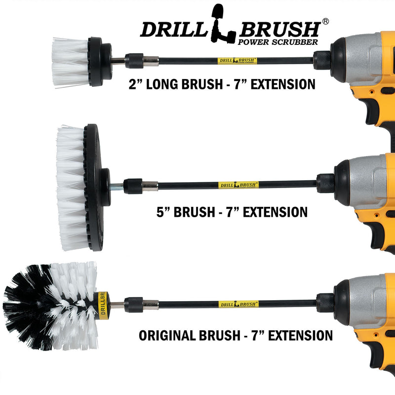 Images of the Drillbrush 2 inch Long, 5 inch, and Original Soft White Home & Auto Brushes in 7 inch extensions in cordless drills.