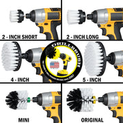 Images of the Drillbrush 2 inch Short, 2 inch Long, 4 inch, 5 inch, Mini, and Original Soft White Home & Auto Brushes in cordless drills.