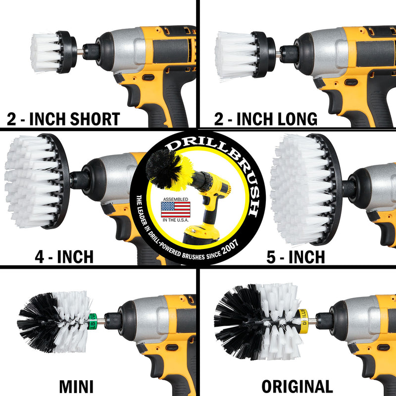 Images of the Drillbrush 2 inch Short, 2 inch Long, 4 inch, 5 inch, Mini, and Original Soft White Home & Auto Brushes in cordless drills.