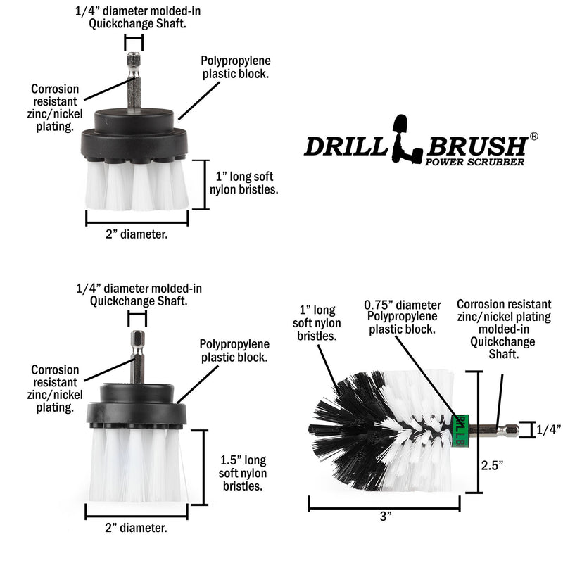 Specs for the Drillbrush 2 inch Short, 2 inch Long, and Mini Original Soft White Home and Auto Brushes.