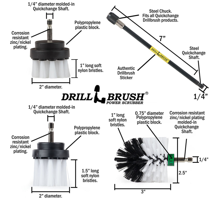 Specs for the Drillbrush 2 inch Short, 2 inch Long, and Mini Soft White Home & Auto Brushes, as well as a 7 inch extension.