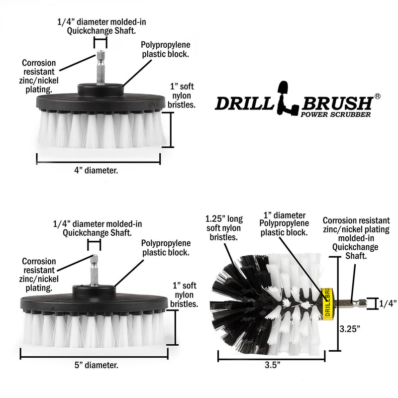 Specs for the Drillbrush 4 inch, 5 inch, and Original Soft White Home and Auto Brushes.