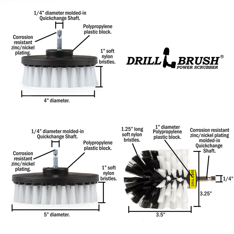 Specs for the Drillbrush 4 inch, 5 inch, and Original Soft White Home & Auto Brushes.