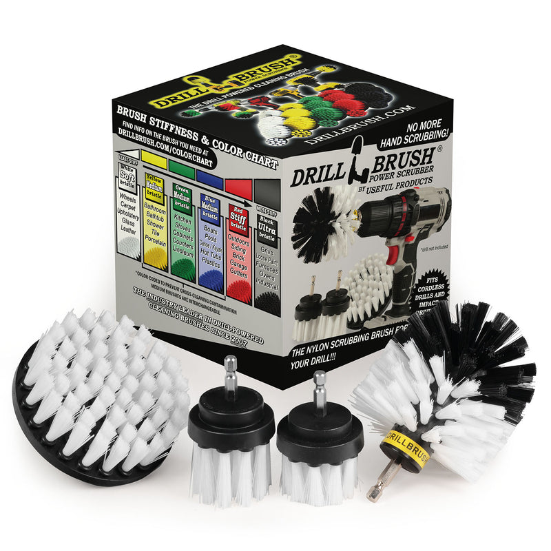 The Drillbrush 42OS-2L Soft White Home & Auto Brush Kit in front of the box it comes in.