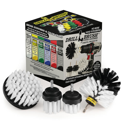 The Drillbrush 42OS-2L Soft White Home & Auto Brush Kit in front of the box it comes in.
