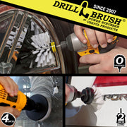 Action shots of a Soft White Original brush cleaning rims, a Soft White 2 inch Long Drillbrush cleaning trim on a sedan, and a Soft White 4 inch Drillbrush cleaning a window.