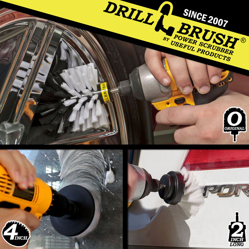 Action shots of a Soft White Original brush cleaning rims, a Soft White 2 inch Long Drillbrush cleaning trim on a sedan, and a Soft White 4 inch Drillbrush cleaning a window.