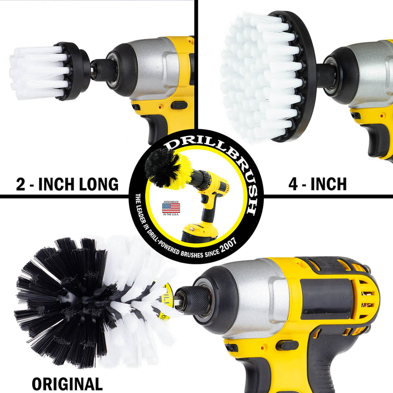 Images of the Drillbrush 2 inch Long, 4 inch, and Original Soft White Home & Auto Brushes in cordless drills.