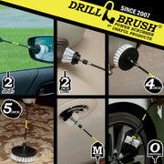 Action shots of a Soft White Original brush in a 7 inch extension cleaning rims, a Soft White 2 inch Short brush in a 7 inch extension cleaning a wall sconce, a Soft White 2 inch Long brush in a 7 inch extension cleaning a ceiling vent, a Soft White 4 inch brush in a 7 inch extension cleaning a ceiling light, and a Soft White  5 inch brush in a 7 inch extension cleaning carpet.