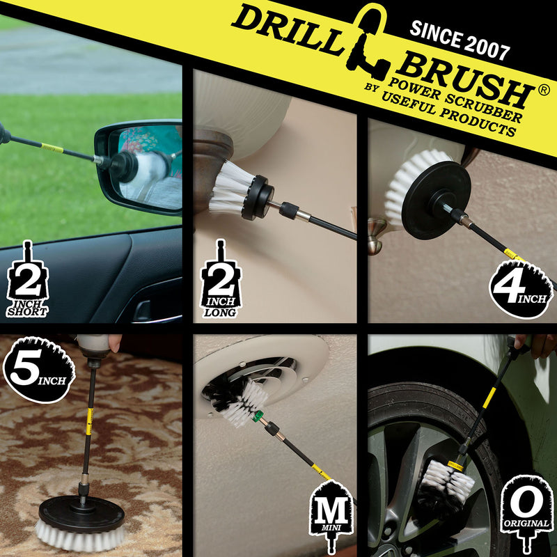 Action shots of a Soft White Original brush in a 7 inch extension cleaning rims, a Soft White 2 inch Short brush in a 7 inch extension cleaning a wall sconce, a Soft White 2 inch Long brush in a 7 inch extension cleaning a ceiling vent, a Soft White 4 inch brush in a 7 inch extension cleaning a ceiling light, and a Soft White  5 inch brush in a 7 inch extension cleaning carpet.