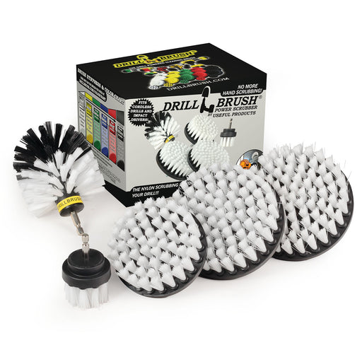 The Drillbrush 5542O Soft White Home & Auto Brush Kit in front of the box it comes in.