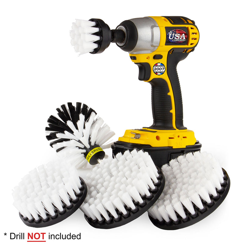 Drillbrush 5542O Soft White Home & Auto Brush Kit with a 2 inch Short brush in a cordless drill.