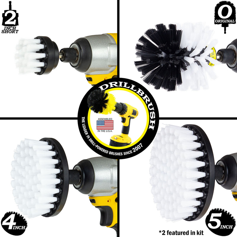 Images of the Drillbrush 2 inch Short, 4 inch, 5 inch, and Original Soft White Home & Auto Brushes in cordless drills.