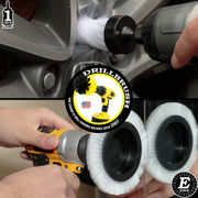 A Soft White 1 inch Long brush cleaning lug nuts on a wheel and a Soft White Edge brush cleaning a mirror.