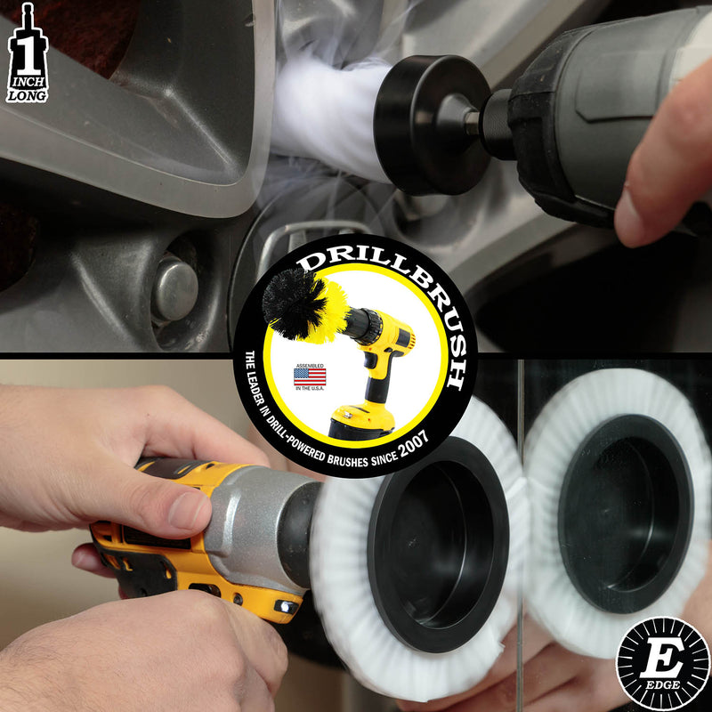 A Soft White 1 inch Long brush cleaning lug nuts on a wheel and a Soft White Edge brush cleaning a mirror.